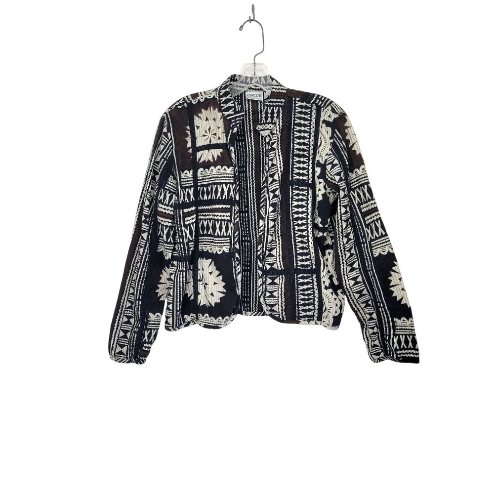 Chico's Black & White Geometric Cotton Jacket Size 1, US Size 8-10